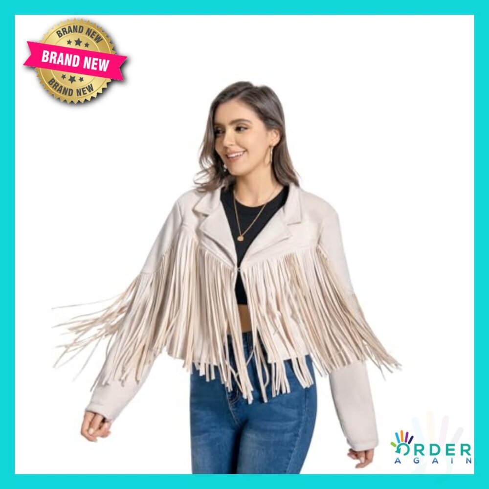 Faux Leather Fringe Jacket Western Cowgirl Crop Moto Top Tassel Design - Picture 2 of 5